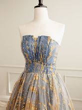 A-Line Tulle Gold/Blue Long Prom Dress, Blue Formal Evening Dress - DollyGown